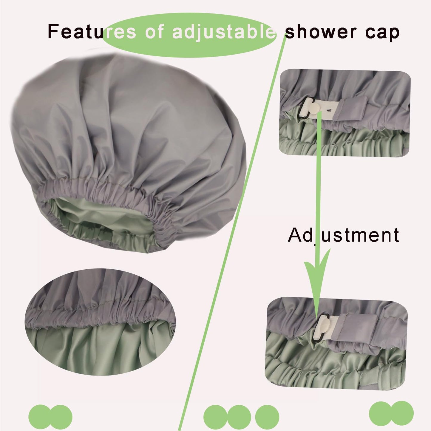 Genergy 2pcs Shower Cap for Women,Including Travel bag and Satin Scrunchy. Frizz-Free Silky Liner, Waterproof Reusable Large Bath Cap for Short and Long Thick Hair, Soft Adjustable Elastic, Non-slip.