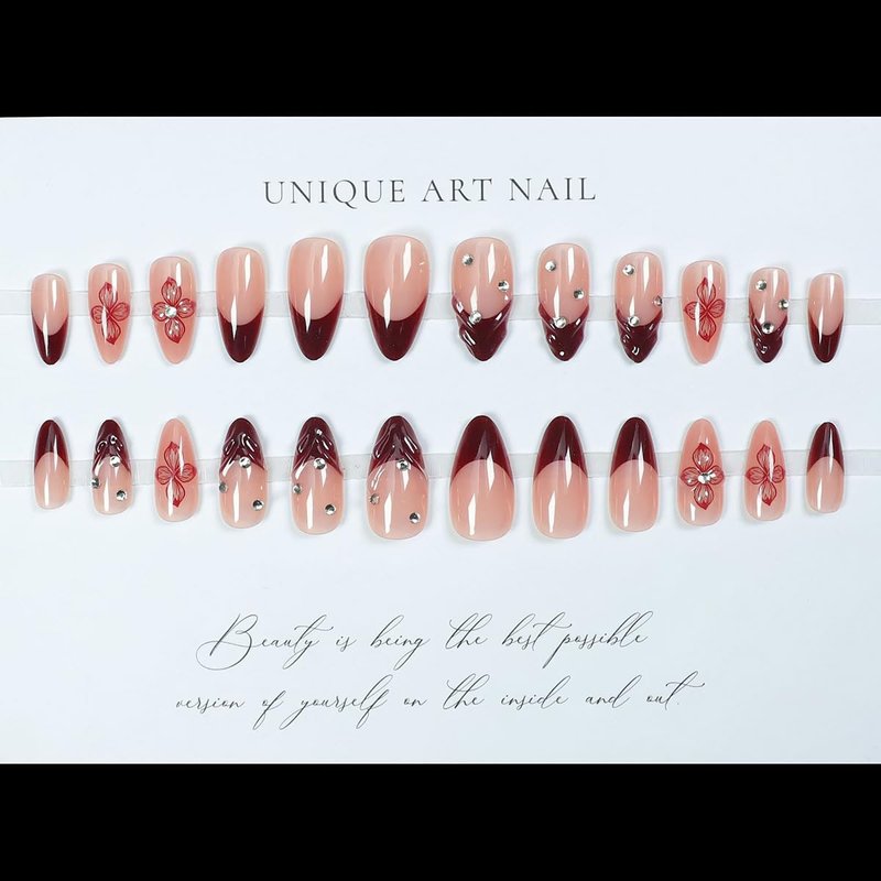 24Pcs Red Flower Press on Nails Medium Almond Fake Nails Summer Floral with Rhinestones Full Cover Acrylic Nails Glue on Nails Reusable Artificial French Tip False Nails for Women DIY Acrylic Nails