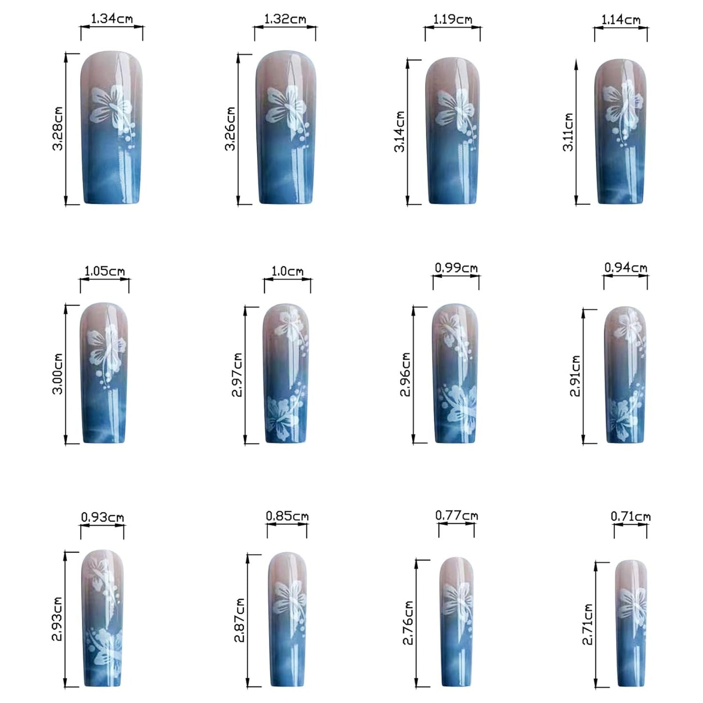 Square Press On Nails - Long Flower Gradient Design | Blue Full Cover Acrylic False Nails, 24pcs