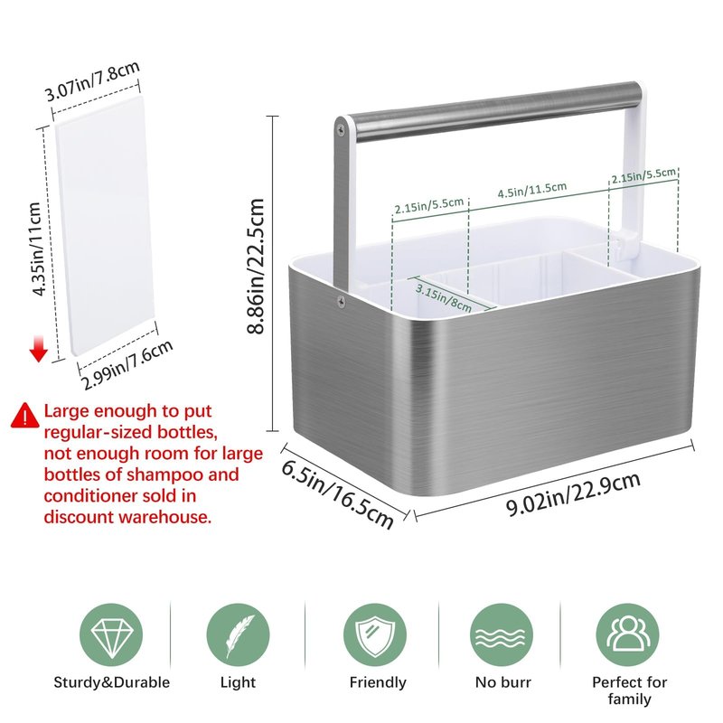 BYUNER Plastic Shower Caddy Dorm - Portable Bathroom Caddy Organizer with Handle and Divider for College Dorm & Shared Bathroom, Hard Shower Tote for Toiletry, Brushed Nickel White