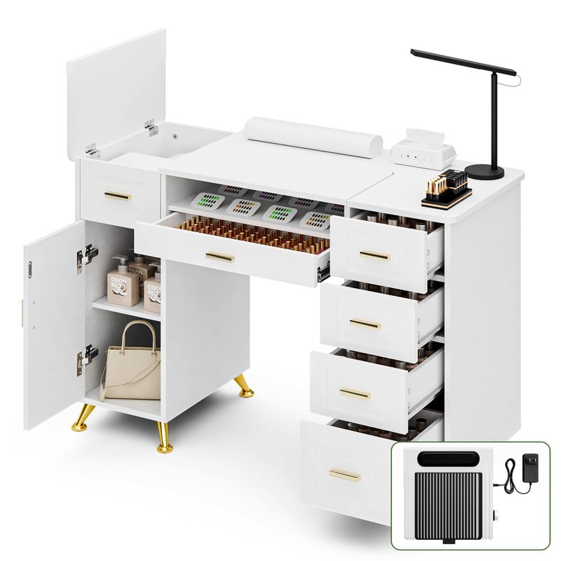 HolaiNail Manicure Table with Removable Panel, Nail Tech Desk with Dust Collector, Drawers & Storage, Nail Station for Salon or Home Studio (White)
