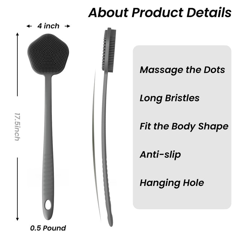 Redfly Silicone Back Scrubber for Shower Brush, 17 inch Long Handled Silicone Body Scrubber for Men & Women, Double Sided Shower Scrubber for Body Brush Exfoliator and Massage, Gray