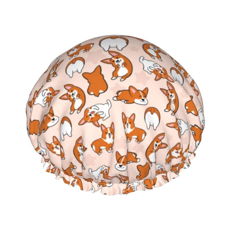 Funny Corgis Dog Reusable Shower Cap for Women Double Layer Waterproof Bathing Shower Hats Hair Protector Adjustable Elastic Band Spa Salon Bath Caps with PEVA Lining Fits all Hair Lengths