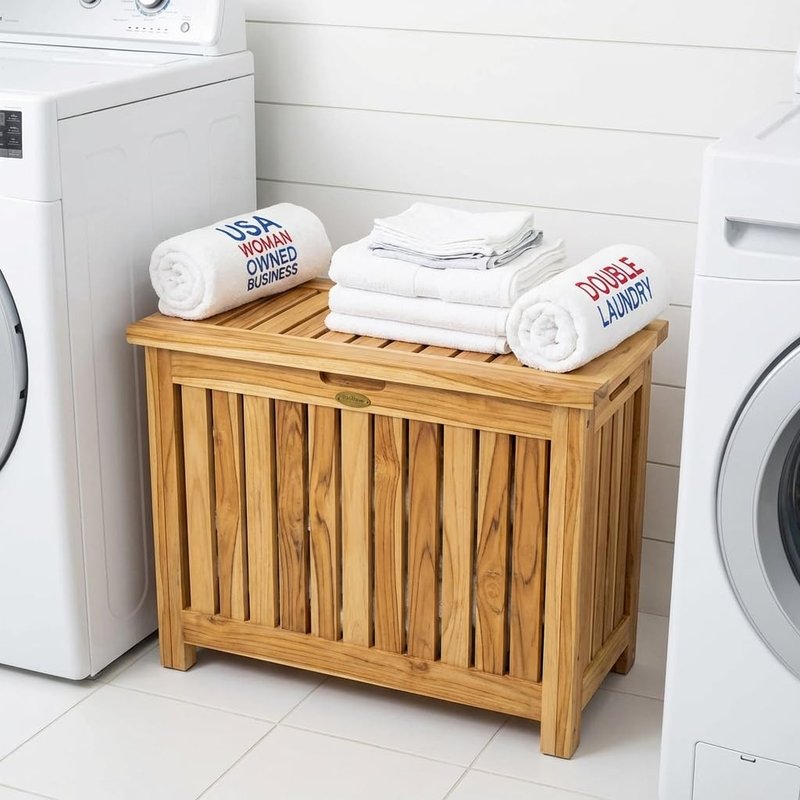 DecoTeak Solid Hamper in Natural Teak, Solid Bench in Natural Teak, 23 inch W x 12.5 inch D x 18.5 inch H