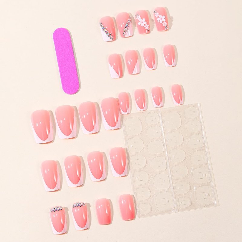 24Pcs French Tip Press on Nails Short Square Pink Fake Nails with Flower Rhinestones Gems Designs Irregular French False Nails Press ons Acrylic Full Cover Glue on Nail for Women Manicure