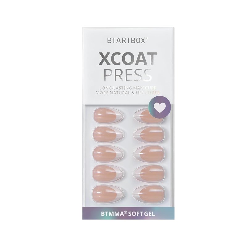BTArtbox French Tip Press On Nails - Medium White Almond Reusable Stick On Nails | 30 Soft Gel Nail Kit in 15 Sizes for Women