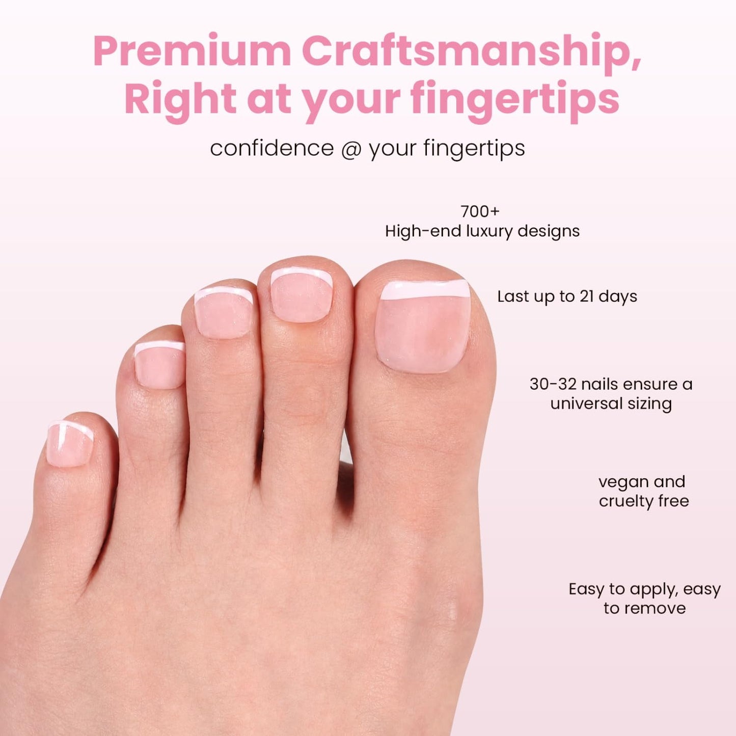 Skiennix Press-On Toenails - Ballet Pink Sheer Shimmer Short Square Fake Nails | Reusable Pedicure Kit - 32 Pcs / 16 Sizes
