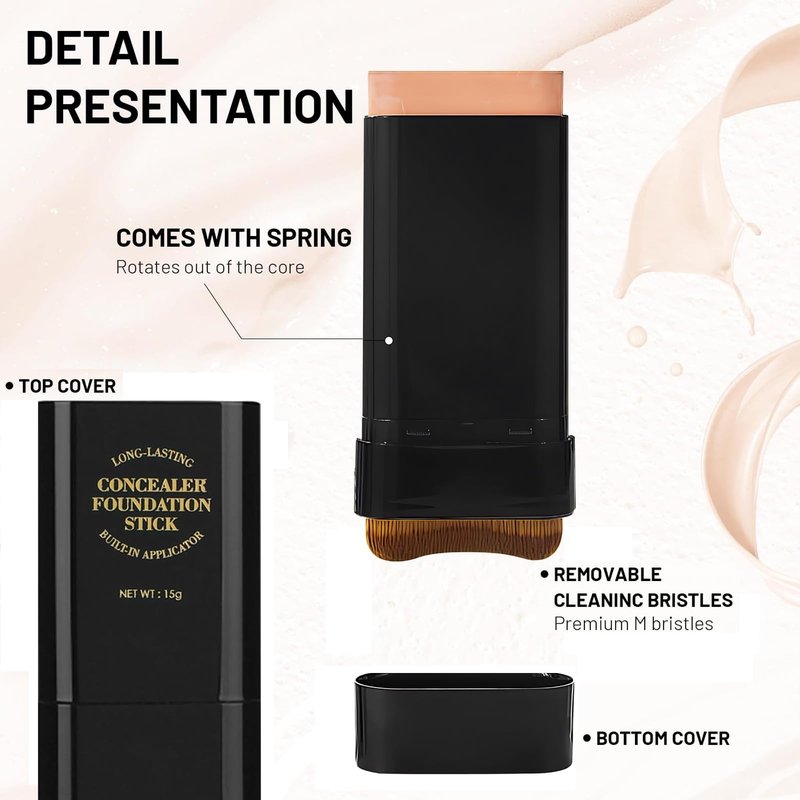 Foundation Stick,2 in 1 Dual-Ended Long-Lasting & Waterproof Concealer Korean Foundation Contour Sticks,Contouring Foundation with Brush,Full Coverage Matte Finish for Face Makeup(04WHEAT)