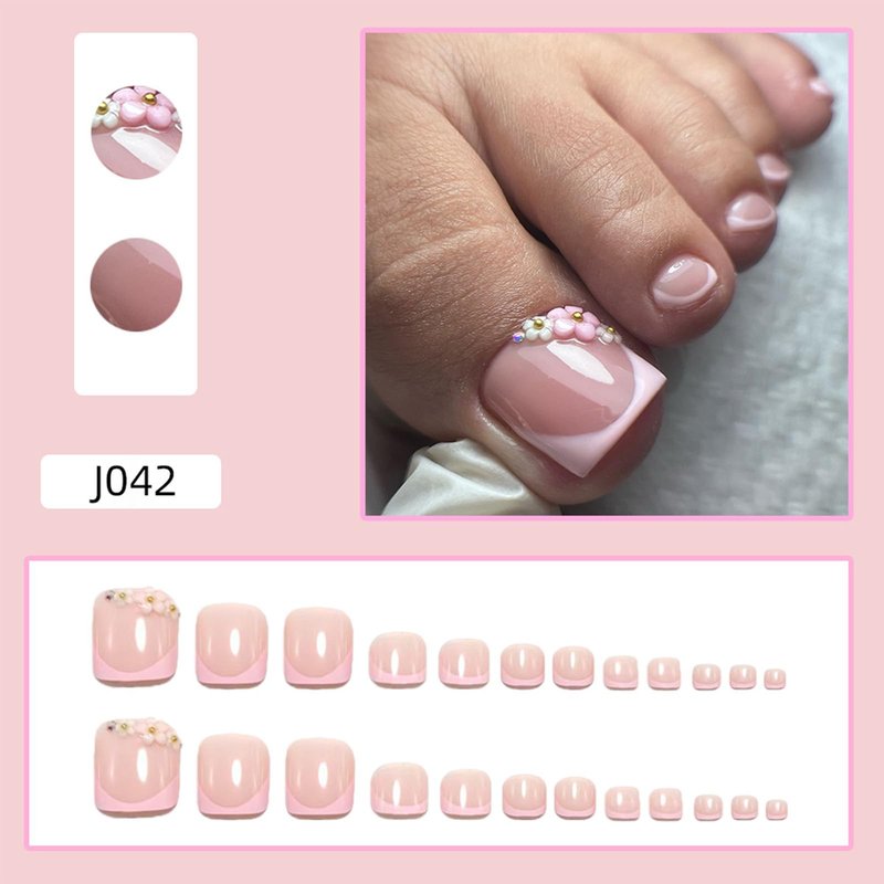 Pink French Tip Press on Toenails Short Square Fake Toe Nails with Flower Charms Nude Glossy Toe Nail Press ons Spring Summer Floral Toe Nail Tips Acrylic Stick on Toenails for Women 24Pcs