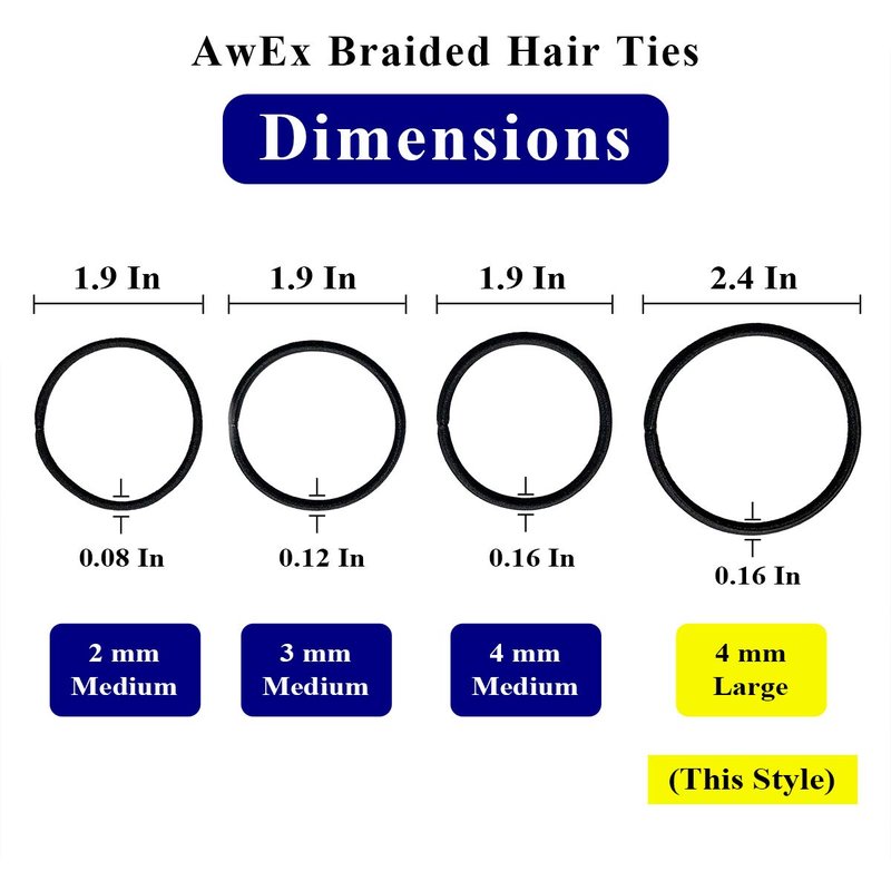 AwEx Hair Ties, Large Black: 50 PCS, 4 mm Thick, 170 mm Circumference, No Metal, Ouchless, Non-Tangle, Non-Pull - Great for Thick, Curly, Wavy Hair