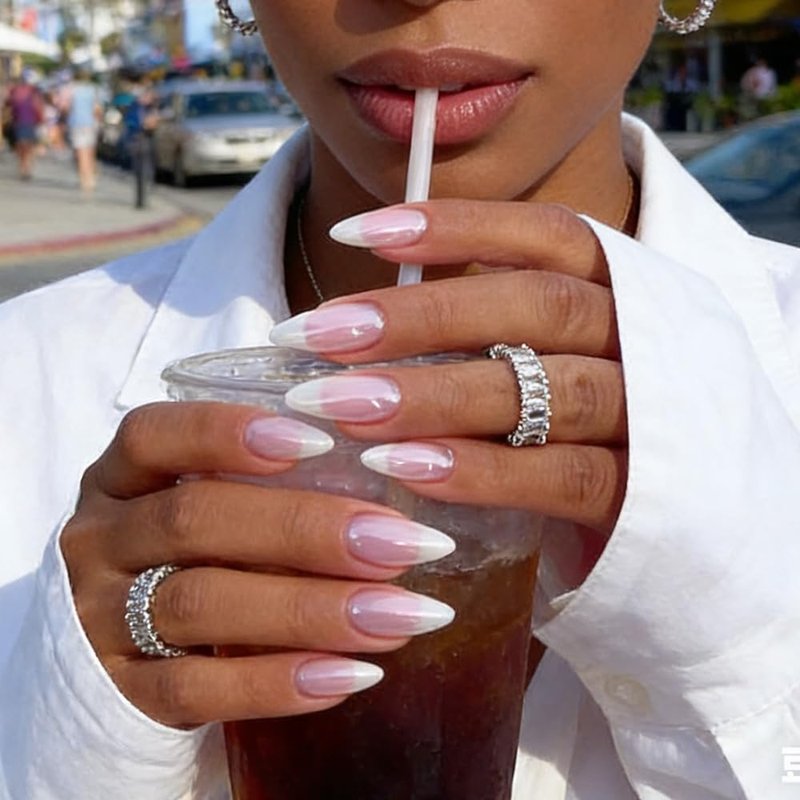 Almond Press On Nails - French Tip Fake Nails with Chrome Design | Medium 24 Pcs for Women