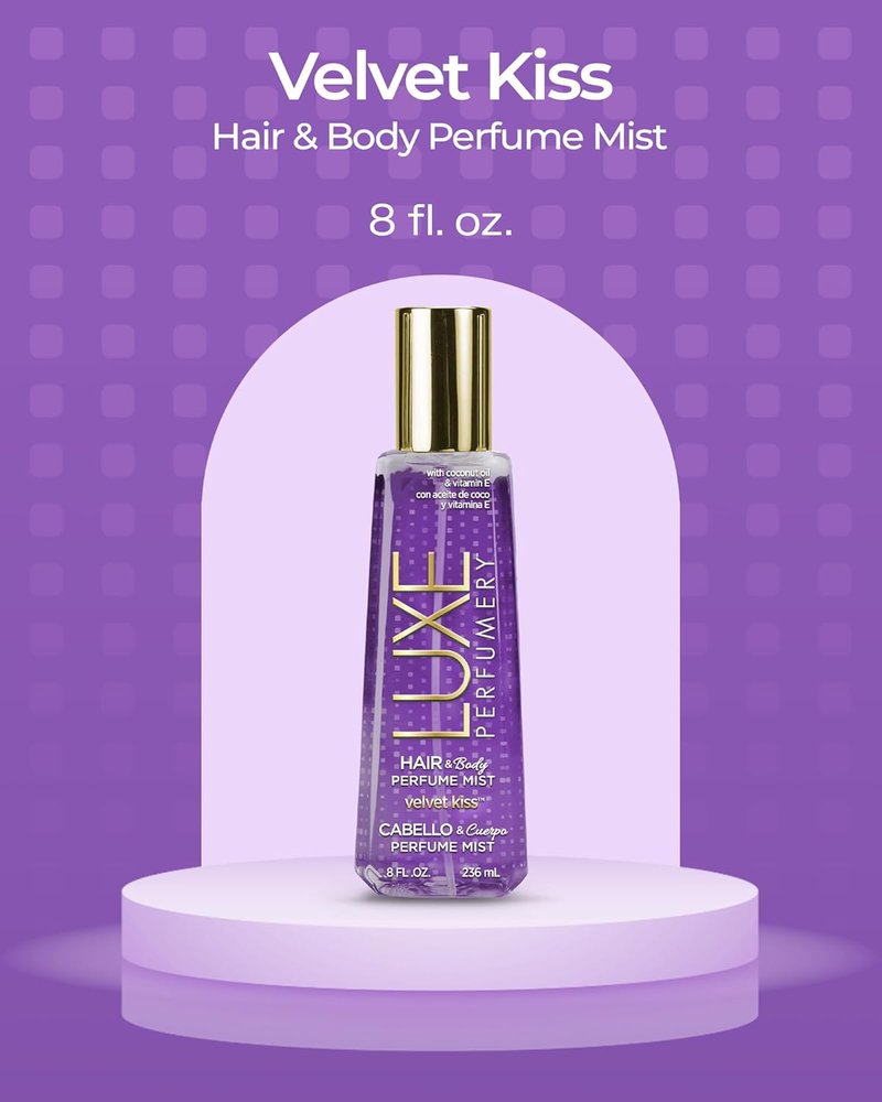 Luxe Perfumery Velvet Kiss Hair & Body Perfume Mist - Floral Vanilla & Jasmine Hydrating Spray, 8 Fl Oz