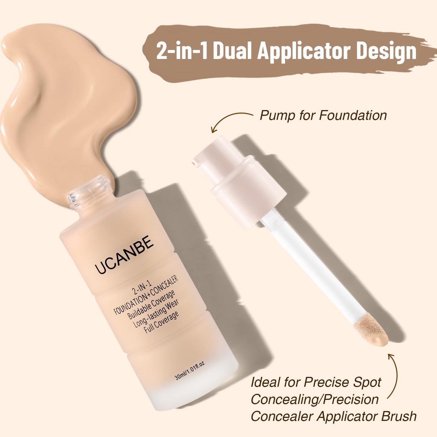UCANBE 2-in-1 Liquid Foundation & Concealer, Full Coverage Foundation Makeup Set for Combination & Oily Skin, Hydrating Formula with Hyaluronic Acid, Vitamin C (06 Warm Honey)