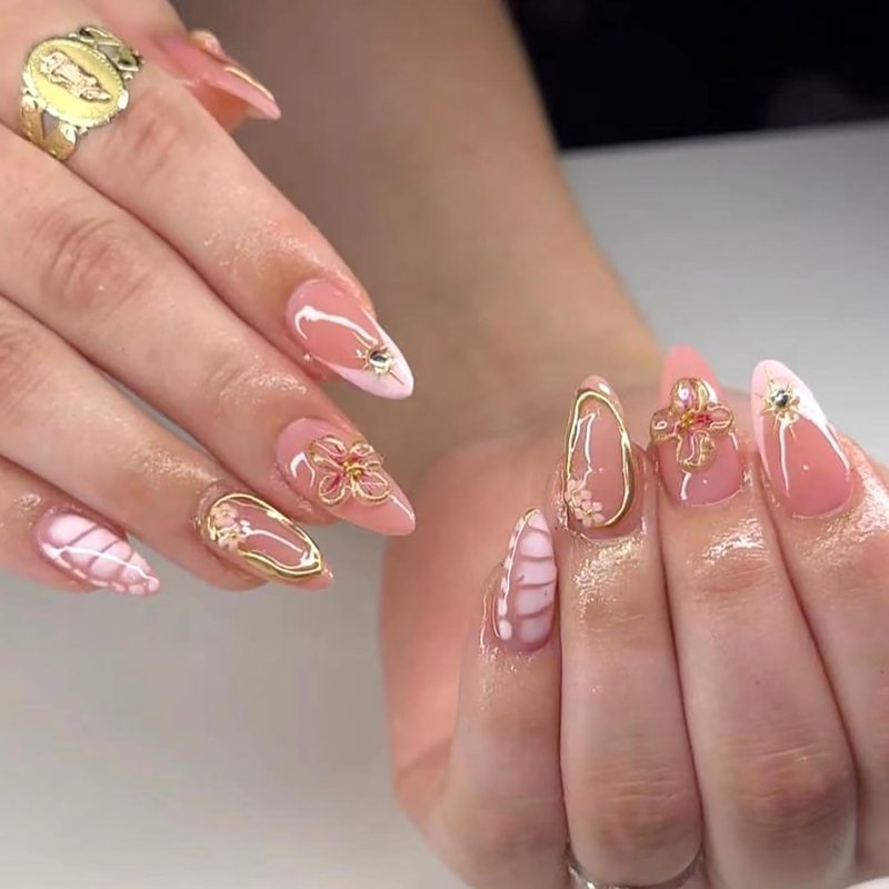 24Pcs 3D Flower Press on Nails Medium Square Fake Nails Pink French Tip Artificial Nails with Star Rhinestones Design Gilding Full Cover Glue on Nails Nude False Nails Spring Stick on Nails for Women