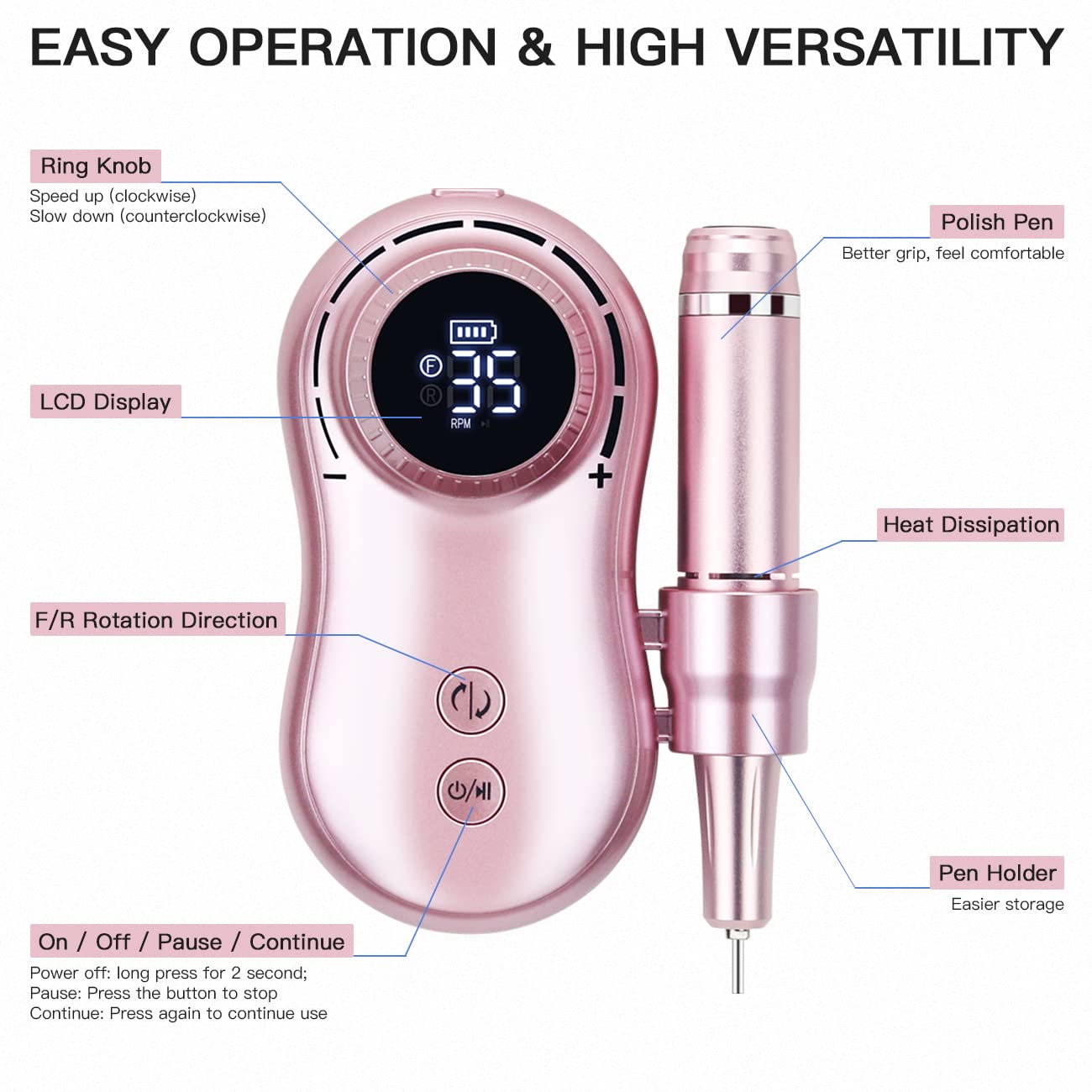 Professional Nail Drill 35000 RPM Rechargeable Electric Nail Drill Machine Portable with 11 Pcs Drill Bits for Acrylic Nails, Gel Nails, Manicure Pedicure Polishing