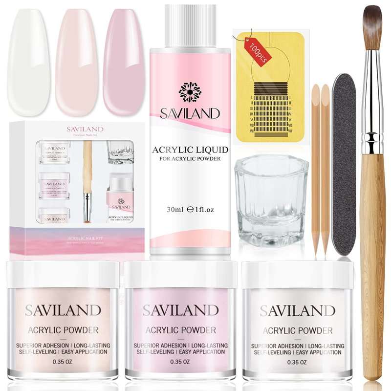 Saviland Acrylic Nail Kit - Clear Pink Nude Acrylic Powder Nails Kit Acrylic Set, Non-yellowing Acrylic Liquid, Acrylic Nail Brush Nail Forms and DIY Nail Art Tools Acrylic Nail Kit for Beginner