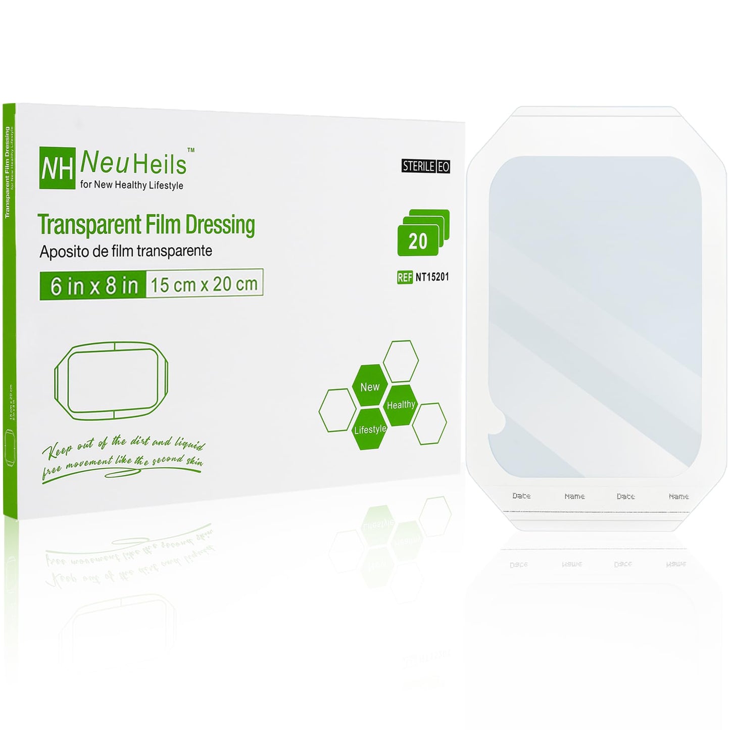 NeuHeils Transparent Film Dressing, Size 6''x8'', 20 Packs, Tattoo Aftercare Bandages, Large Waterproof Wound Cover Patch, Post Surgical Shower Shiled, IV Shield, PICC Catheter Shower Cover