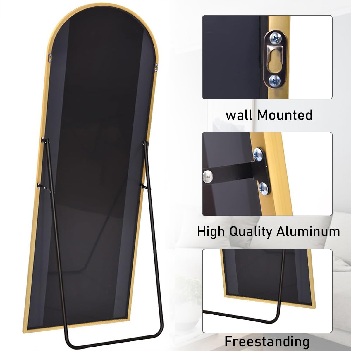 ZMYCZ Mirror Full Length, 71"x26" Arched Full Length Mirror, Arch Mirror with Stand, Large Standing Mirrors, Oversized Full Body Mirrors with Aluminum Frame for Bedroom, Living Room (Gold)