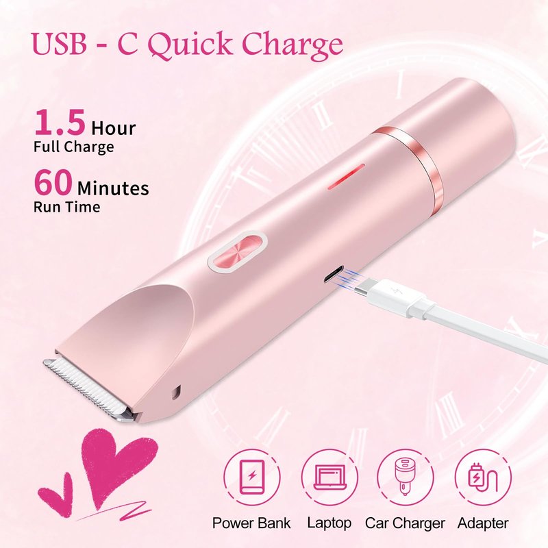 Bikini Trimmer for Women, 2 in 1 Electric Razors for Women, Rechargeable Cordless & Painless Hair Removal, Ultra Low Silent, Easy Cleaning, IPX7 Waterproof Bikini Shaver for Sensitive Skin (Pink)
