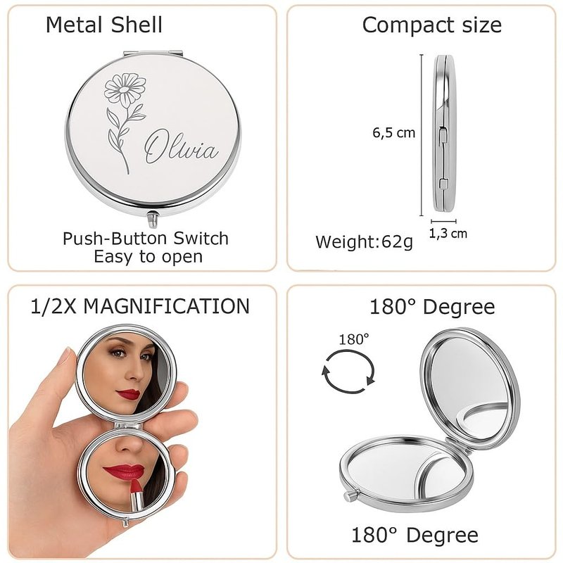 Personalized Compact Mirror for Women, Custom Laser Engraved Pocket Mirror, 1X/2X Magnifying Travel Makeup Mirror for Purse–Gift for Bridesmaid, Wedding, Birthday, Mom, Friend, Sister, Wife, Valentine