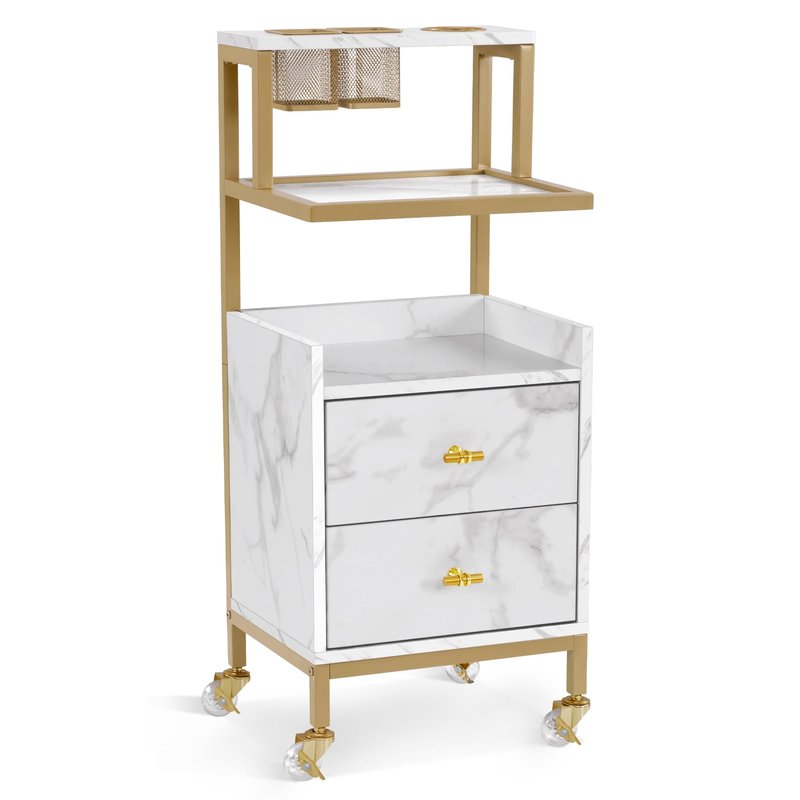 BarberPub Rolling Salon Cart with Storage Drawers, Barber Trolley with Metal Tool Holder & Basket, Beauty Salon Equipment for Hair Stylist 2084 (White Medium Size)