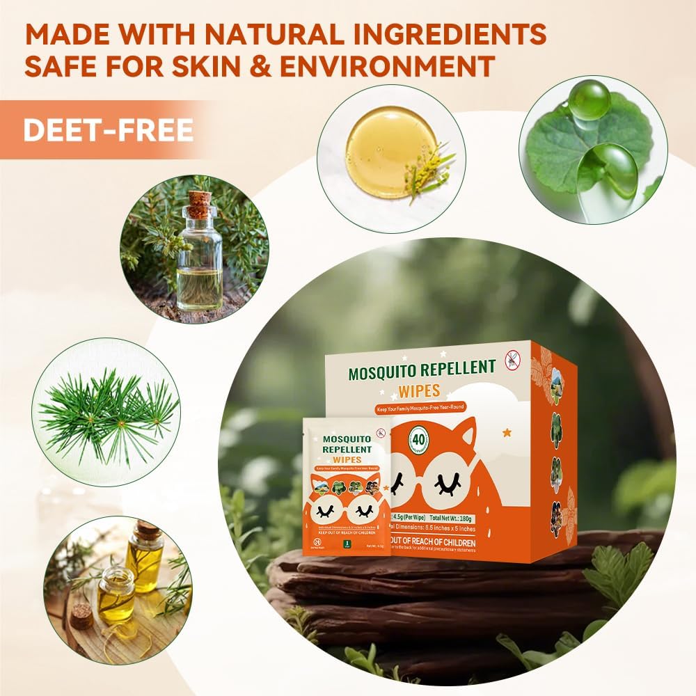 Skiennix Mosquito Repellent Wipes - 40 PCS Natural Plant-Based Essential Oil Formula | Safe & Effective Outdoor Protection