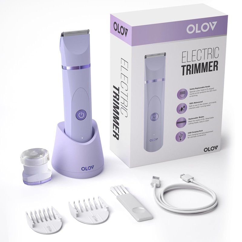 OLOV Electric Body Hair Trimmer - Groin Trimmer for Men - Bikini Trimmer Women - Wet/Dry Shaver Groomer, Replaceable Ceramic Blade Heads, Waterproof Hygiene Razor, Purple