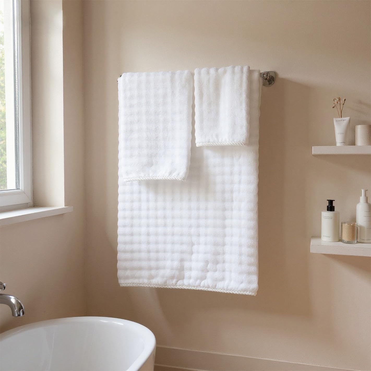 COZYART Lint Free Towel Sets 8 Pcs White, Super Soft, Thick Absorbent & Quick Dry Microfiber 3D Bubble Bathroom Daily Use Set with 2 Bath Towels, 2 Hair Towels, 2 Hand Towels, 2 Washcloths