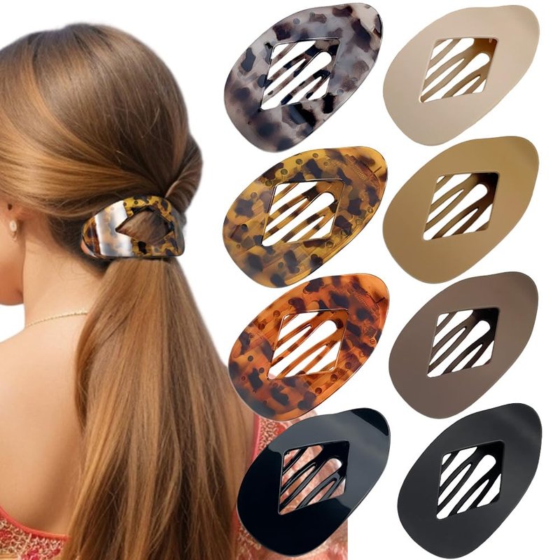 Rauimour 8PCS Flat Hair Clips for Women Girls,Large Strong Hold Ladies Hair Claw Clamp Barrettes for Lying Down Styling Accessories, Elegant 3.94" Medium Matte Neutral Leopard Color(Rhombus)