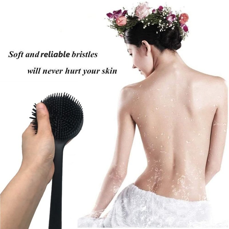 Long Handle Silicone Body Scrubber for Shower, Dual-Sided Back Scrubber Brush with Soft Bristles&Massage Nodes, Exfoliating Bath Brush for Hard to Reach Areas, Easy to Clean & Quick Dry, for Daily Use
