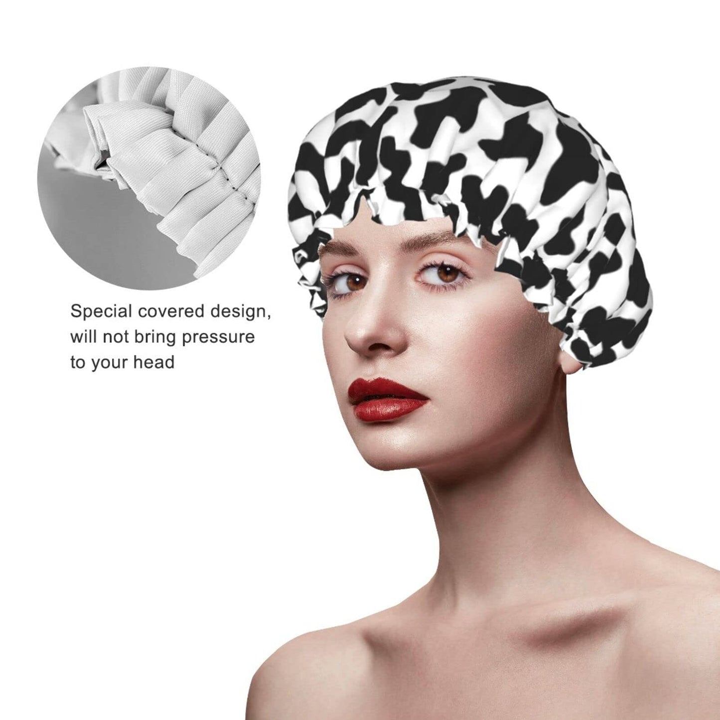 Black And White Cow Skin Abstract Animal Farm Shower Cap For Women Adjustable Double Waterproof Layers Bathing Bath Cap Hair Protection Reusable Ladies Spa Salon Shower Hat