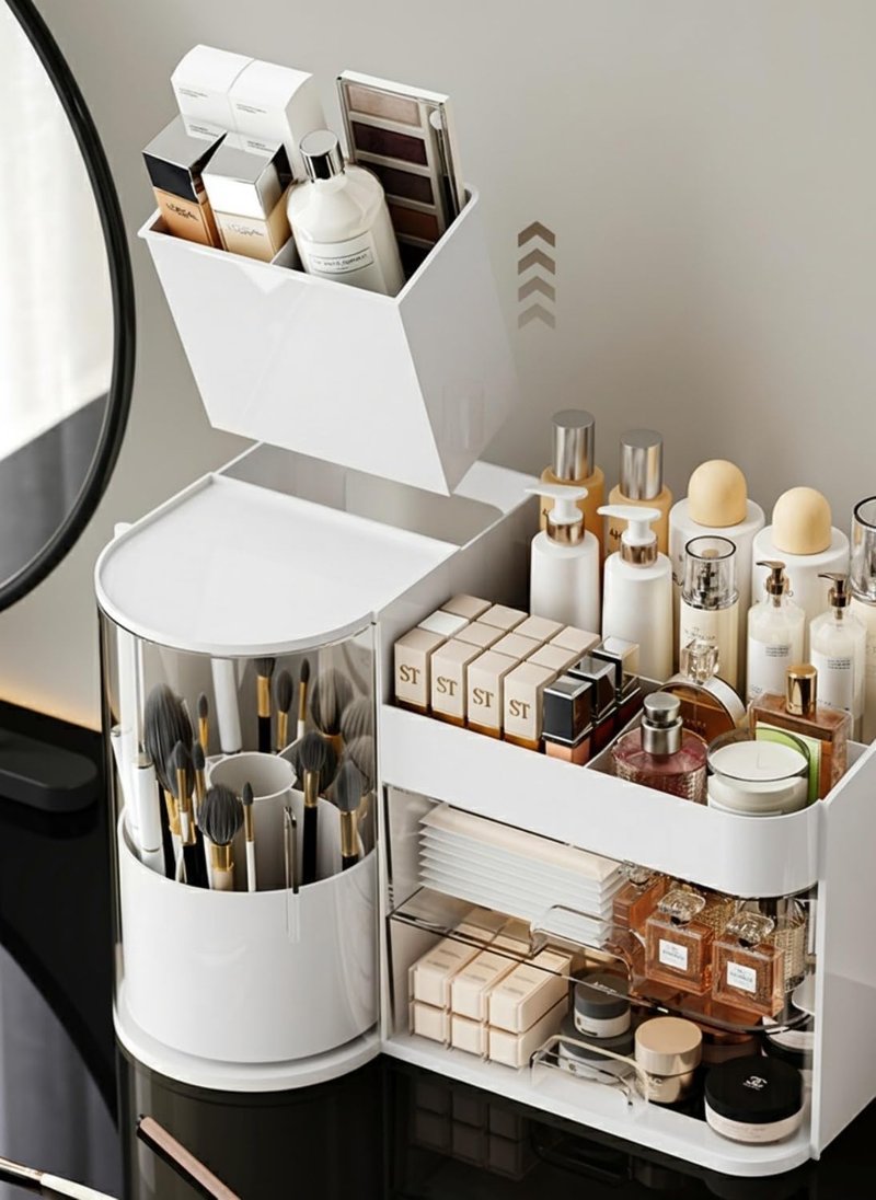 FYABREEK Makeup Organizer 14" D x 8.3" W x 9" H Cosmetic Organizer with Drawers Countertop Skincare Organizer for Vanity Cosmetic Display Case Storage Rotating Brush Holder (White)