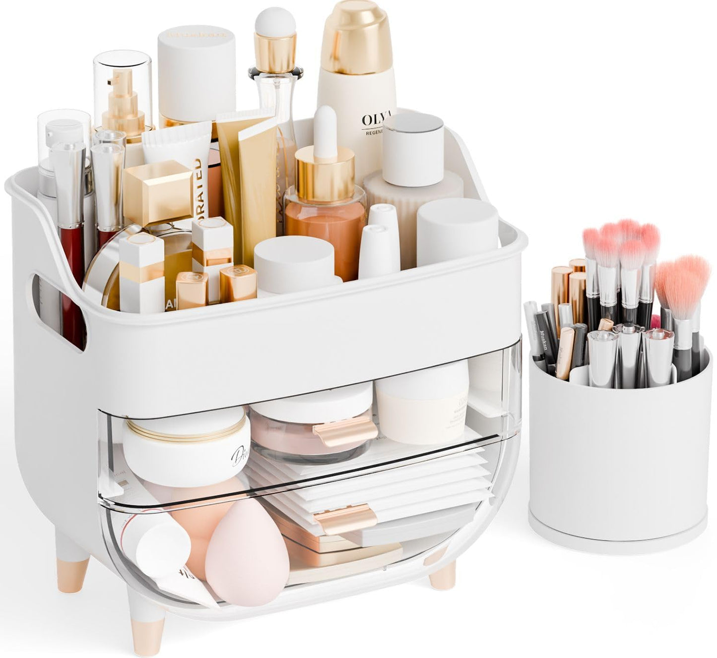 Yieach White Make up Organizer for Countertop,Vanity,Large Capacity Bathroom Makeup Skincare Organizers With Brush Holder,Makeup Storage Organizer for Lotion,Beauty Products,Skin Care,Makeup Display