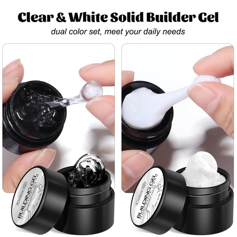 Fcozpjk Solid Builder Gel Kit, 2PCS Clear and White 3D Sculpting Gel Non-Sticky Hand Carving Gels with Silicone Pen Hard Gels for Nails Molding 3D Flowers Nail Design Manicure Salon Supplies