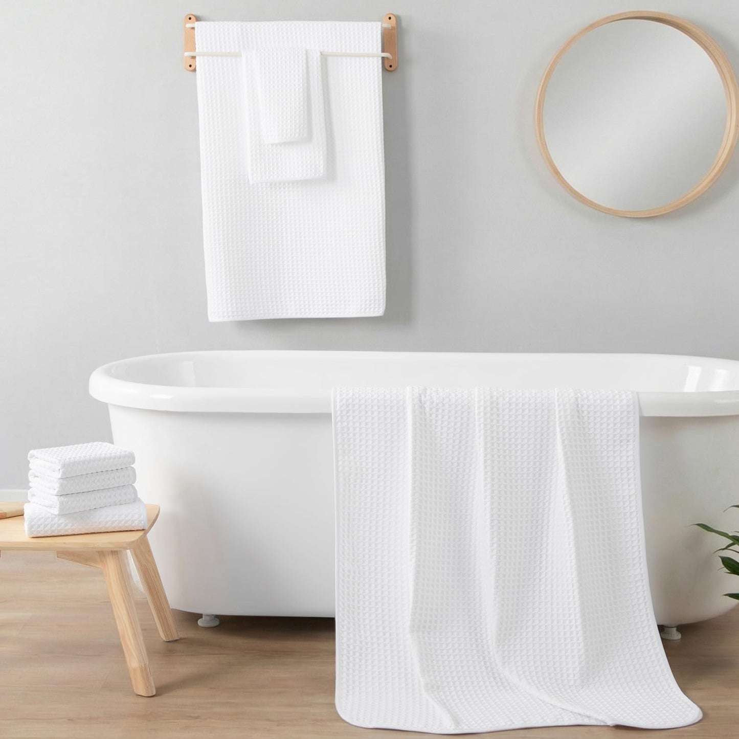 REDKISS Soft 8 Piece Waffle Towel Set, Microfiber, Lighter Weight, Absorbent, Quick Dry, Lint Free Bath Towels for Bathroom, Spa & Hotel – 2 Bath, 2 Hand, 4 Washcloths, White