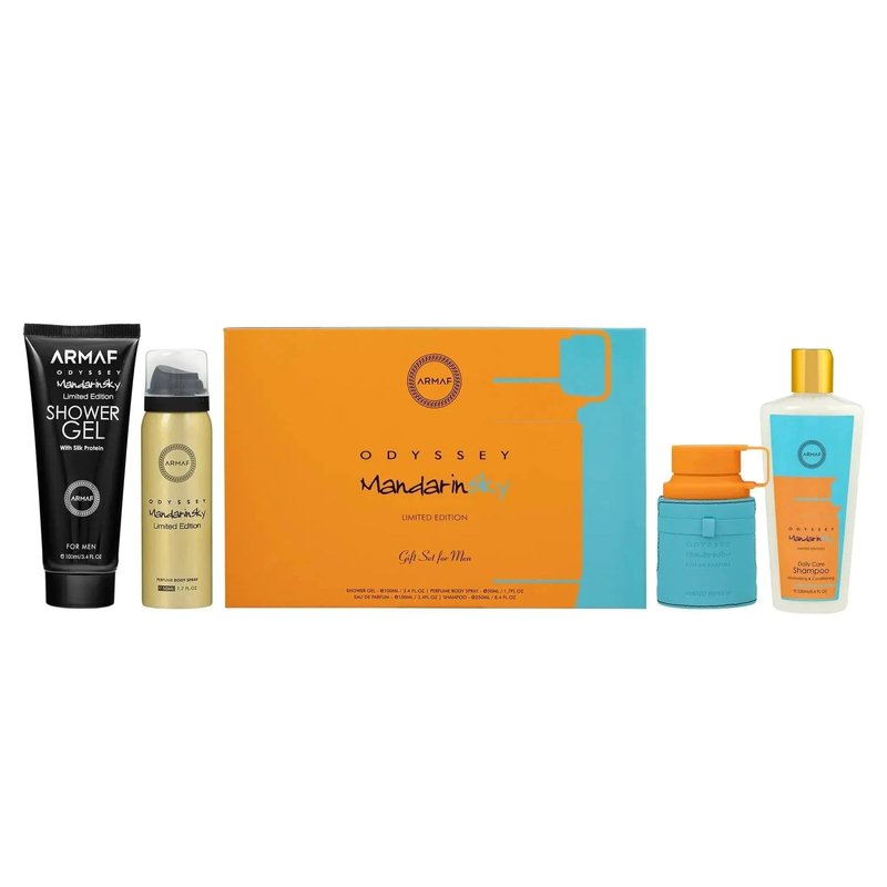 Armaf Odyssey Mandarin Sky – Citrus, Amber, Vanilla – 4-Piece Gift Set for Men (3.4 oz Eau de Parfum + 3.4 oz Shower Gel + 1.7 oz Body Spray + 8.4 oz Shampoo)