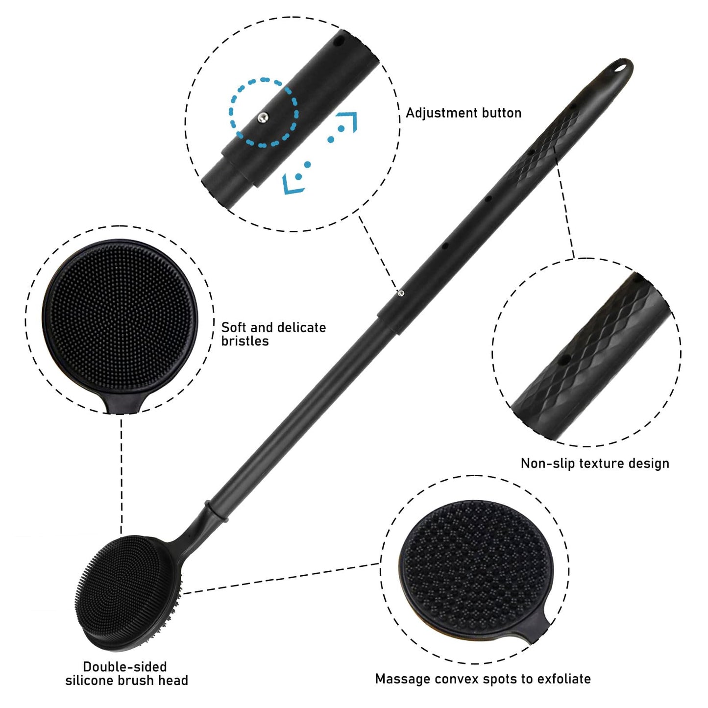 OZNER 24 Inches Silicone Back Scrubber for Shower - Extendable Long Handle Shower Brush with Dual-Sided Bristles - Exfoliating Body Scrubber for Sensitive Skin - Perfect for Men & Women (Black)