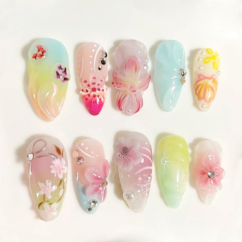 24Pcs Colorful Summer Press on Nails Medium Almond Fake Nails Peach Blossom with Bow Seashell Rhinestones Pearl Designs Pink Flower Full Cover Glue on Nail Cute False Nails for Women Acrylic Manicure