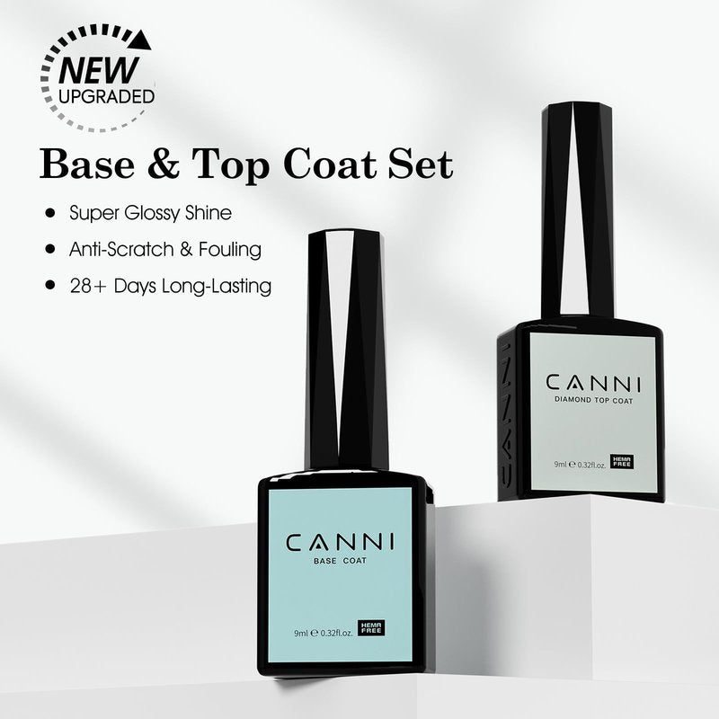 CANNI 2 Pcs No Wipe Gel Top Coat and Base Coat Set- High Gloss Shiny Long Lasting Base Top Coat Gel Nail Polish, Nail Art Home and Professional Manicure
