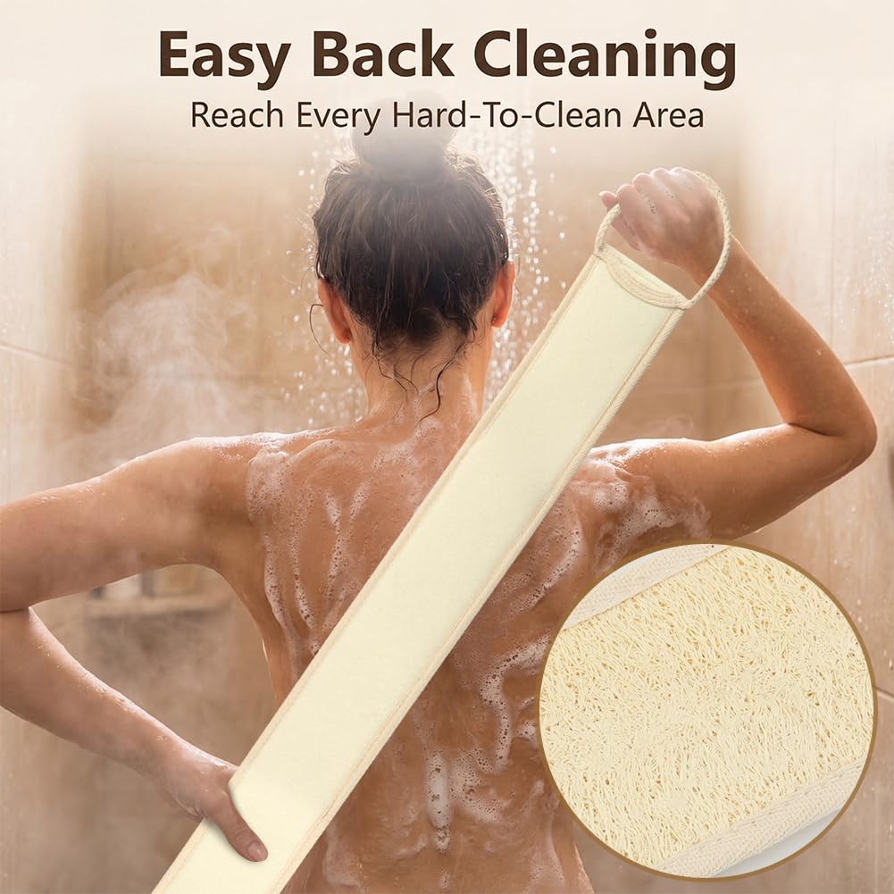 Natural Loofah Shower Back Scrubber Set, luffa Exfoliating Bath Strap, Back exfoliator for Shower, Textured Body Scrubber for Men and Women, with Hooks