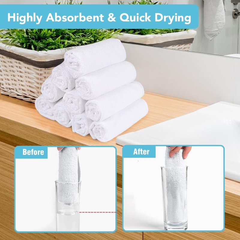 Orighty Microfiber Washcloths Set - 10 Highly Absorbent & Soft Face Towels | Multi-Purpose 11.5x11.5 Inch, White