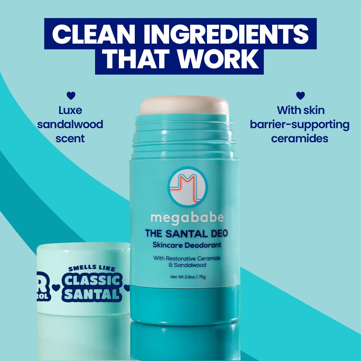 Megababe Skincare Deodorant - The Santal Deo with 72 hour Odor Protection | Summer and Hot Weather Essential | Restorative Ceramide & Sandalwood | Aluminum-Free, All Natural | 2.6 oz