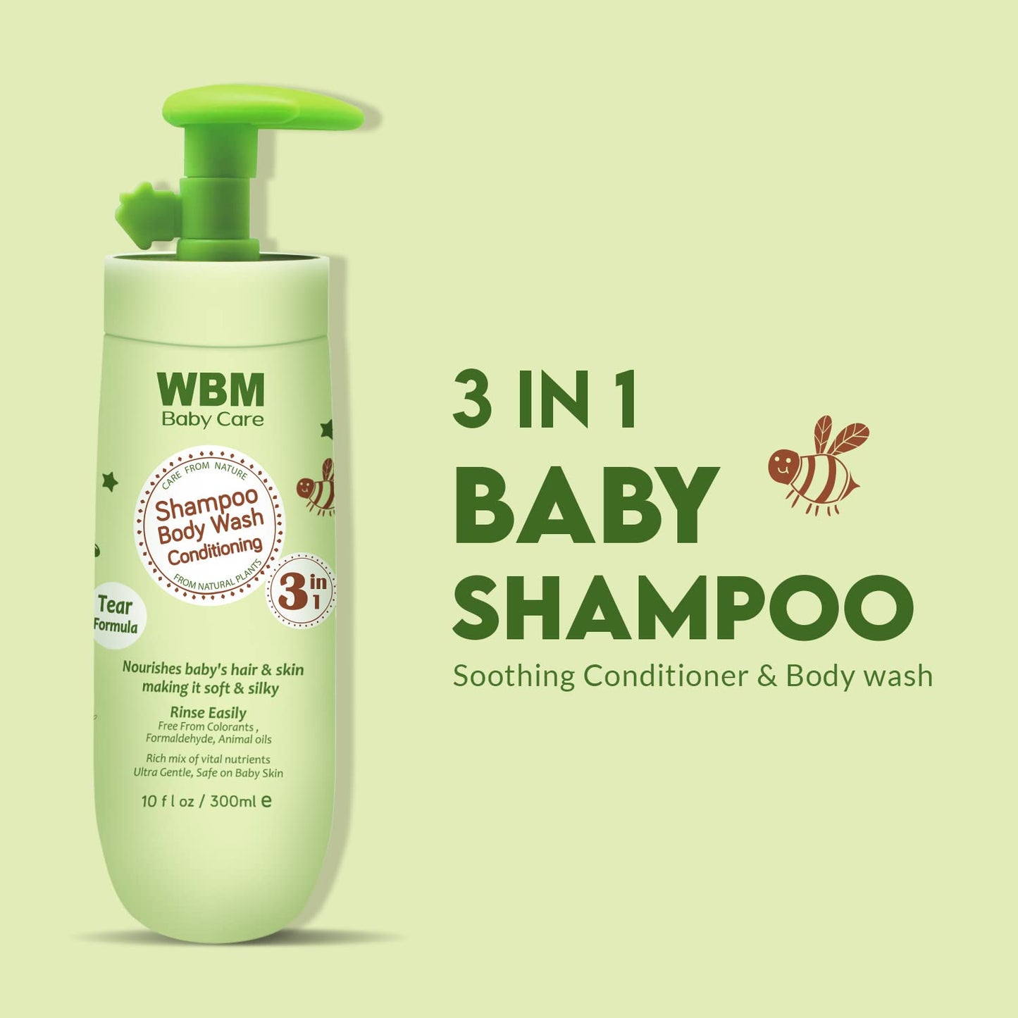 WBM Care 3-in-1 Baby Shampoo, Body Wash & Conditioner (10 oz, Pack of 2) offers a gentle, nourishing formula for baby’s hair and skin, Tear-free and hypoallergenic
