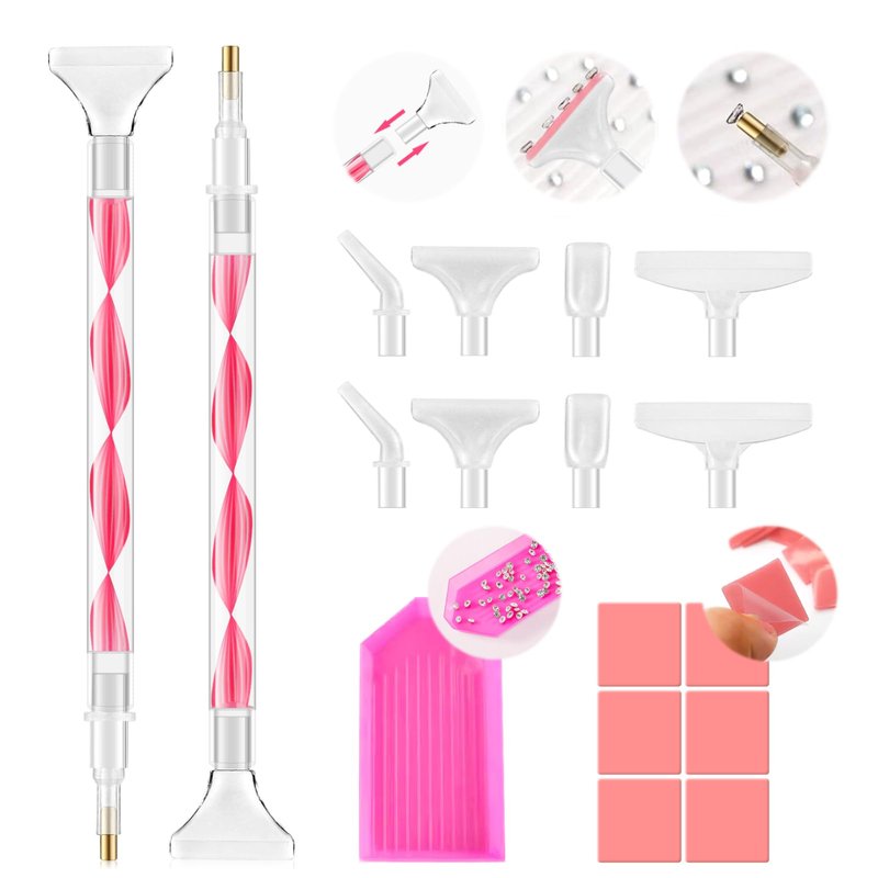 Rhinestone Picker Tool Kit: 2Pcs Rhinestone Picker Handle, Dual-Ended Rhinestones Applicator Bedazzling Tools Pen with 12 Upgraded Plastic Replacement Tips, Clay Nail Art Craft (Red)