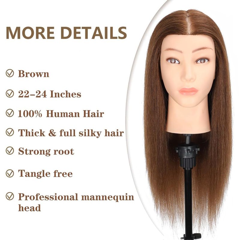 MQHIHI Mannequin Head Human Hair, 100% Real Hair Cosmetology Manikin Head for Practice Braiding Hairstyling Cutting with Free Clamp Holder and Tools (100% Brown)
