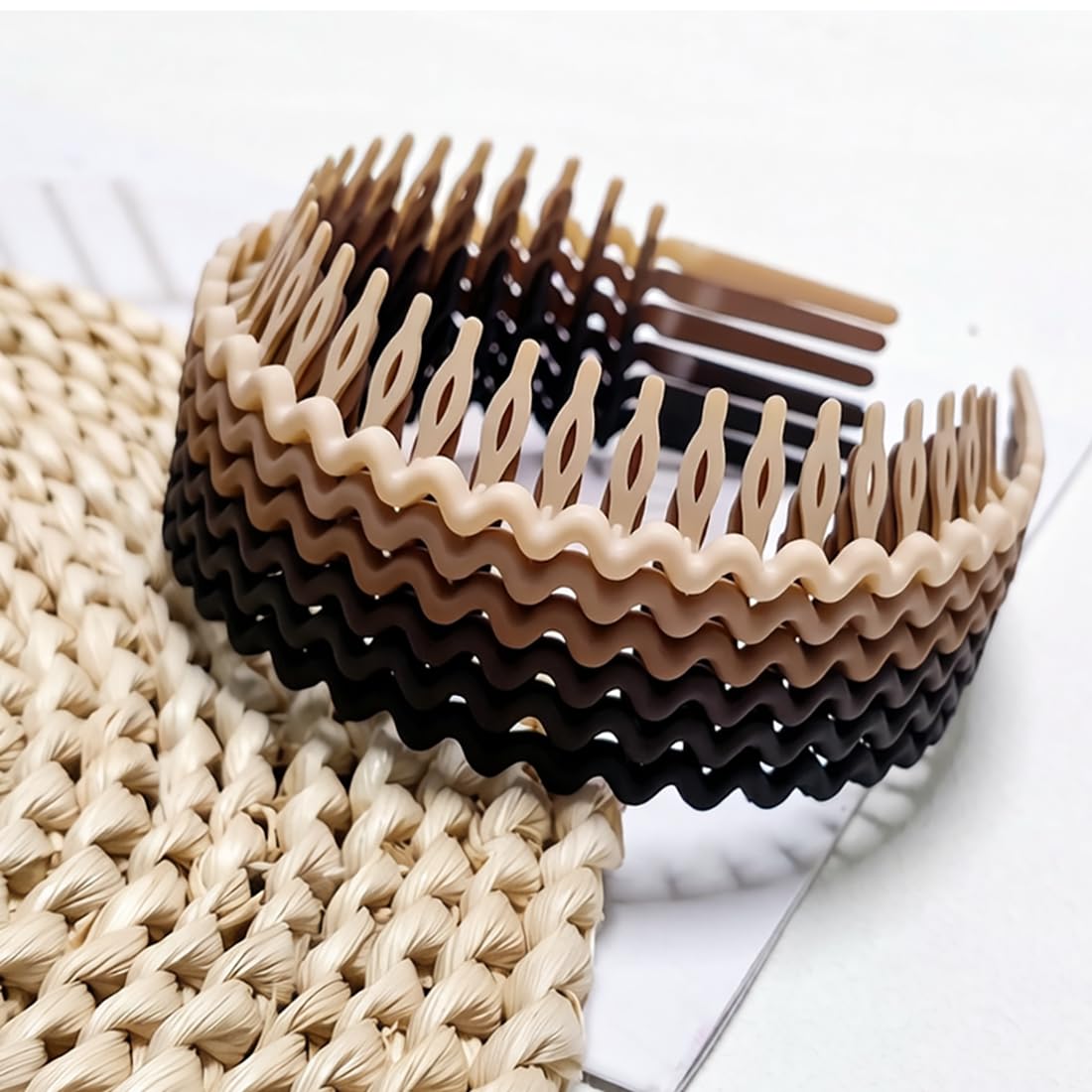 Springtime Wave Plastic Headbands for Women Girls, Flexible Comb Non-slip Hair Bands, Thin Zigzag Hair Accessories in Brown Beige Black Burgundy, Fashion Headwear for Women 6 pack
