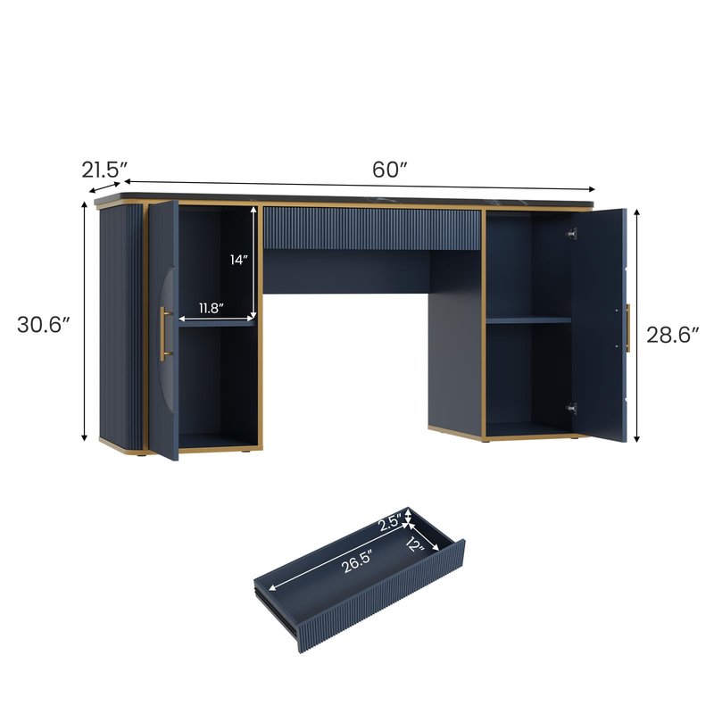 RNLRNL 60" Fluted Computer Desk, Wooden Long Home Office Writing Desk with Drawer & Storage Cabinet, Modern Writing Table with Charging Station, High Executive Desk for Office，Bedroom, Navy Blue