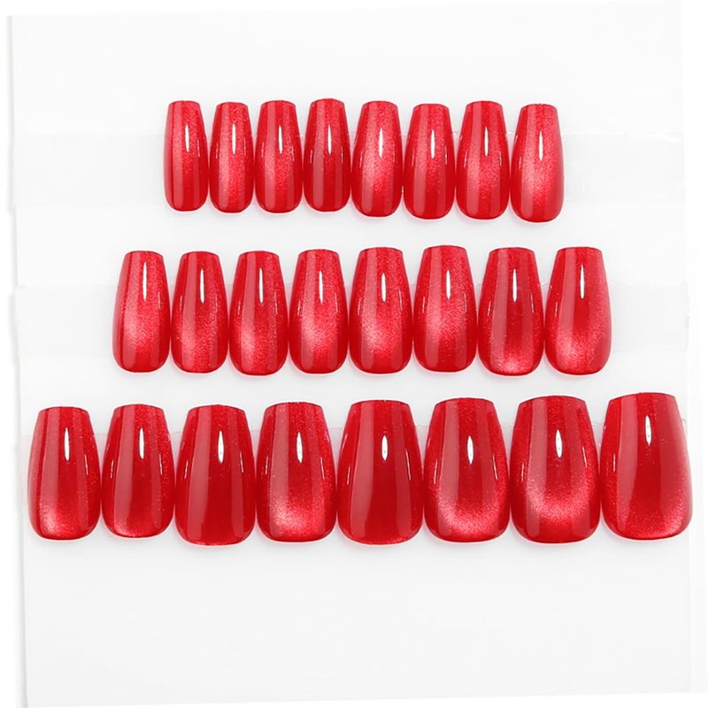 Red Medium Coffin Press On Nails, Cat Eye Press on Nails, Fashion Gel Fake Nails, Reusable Red Fake Nails, Glossy Stick on Nails for Women Girls, Glue on Nails Kit 32Pcs, Ballet Heatwave