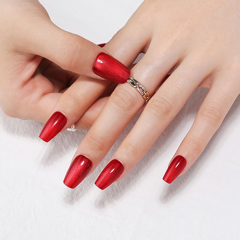 Red Medium Coffin Press On Nails, Cat Eye Press on Nails, Fashion Gel Fake Nails, Reusable Red Fake Nails, Glossy Stick on Nails for Women Girls, Glue on Nails Kit 32Pcs, Ballet Heatwave