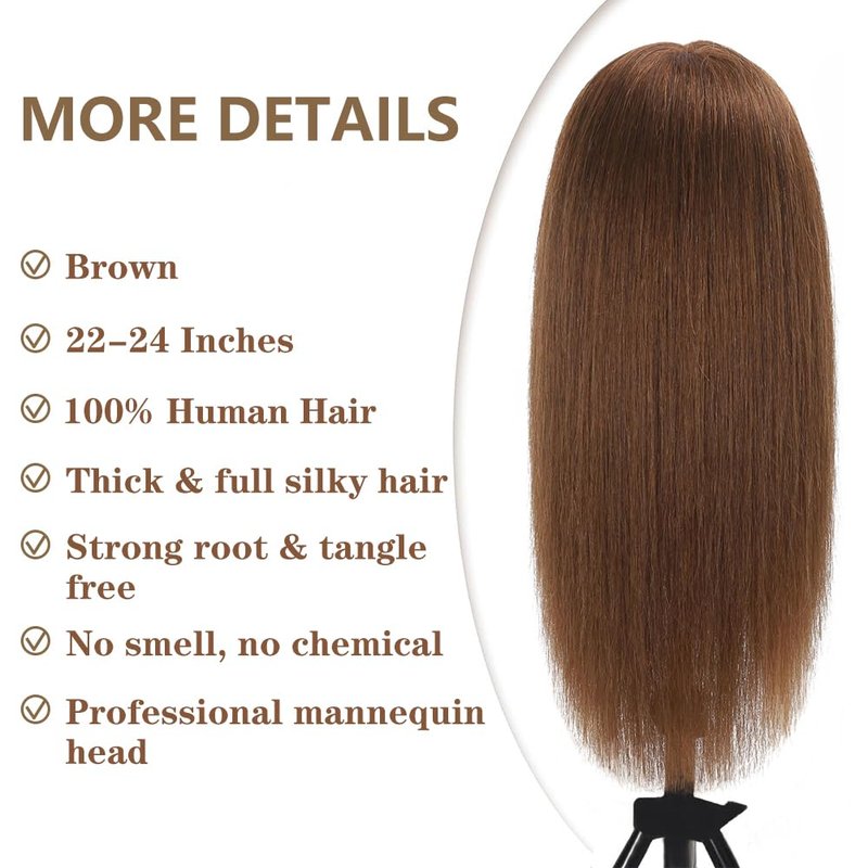 Opini Mannequin Head - 100% Real Human Hair Cosmetology Training Head for Hairstyling (Brown)